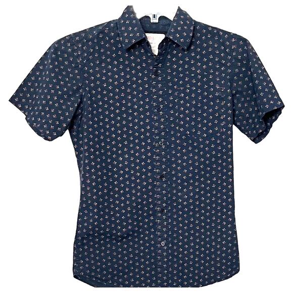 HUDSON & BARROW BUTTON-UP SHIRT, WOMENS, S, (PTP 20”), NAVY BLUE W/FLORAL PRINT - Picture 1 of 11